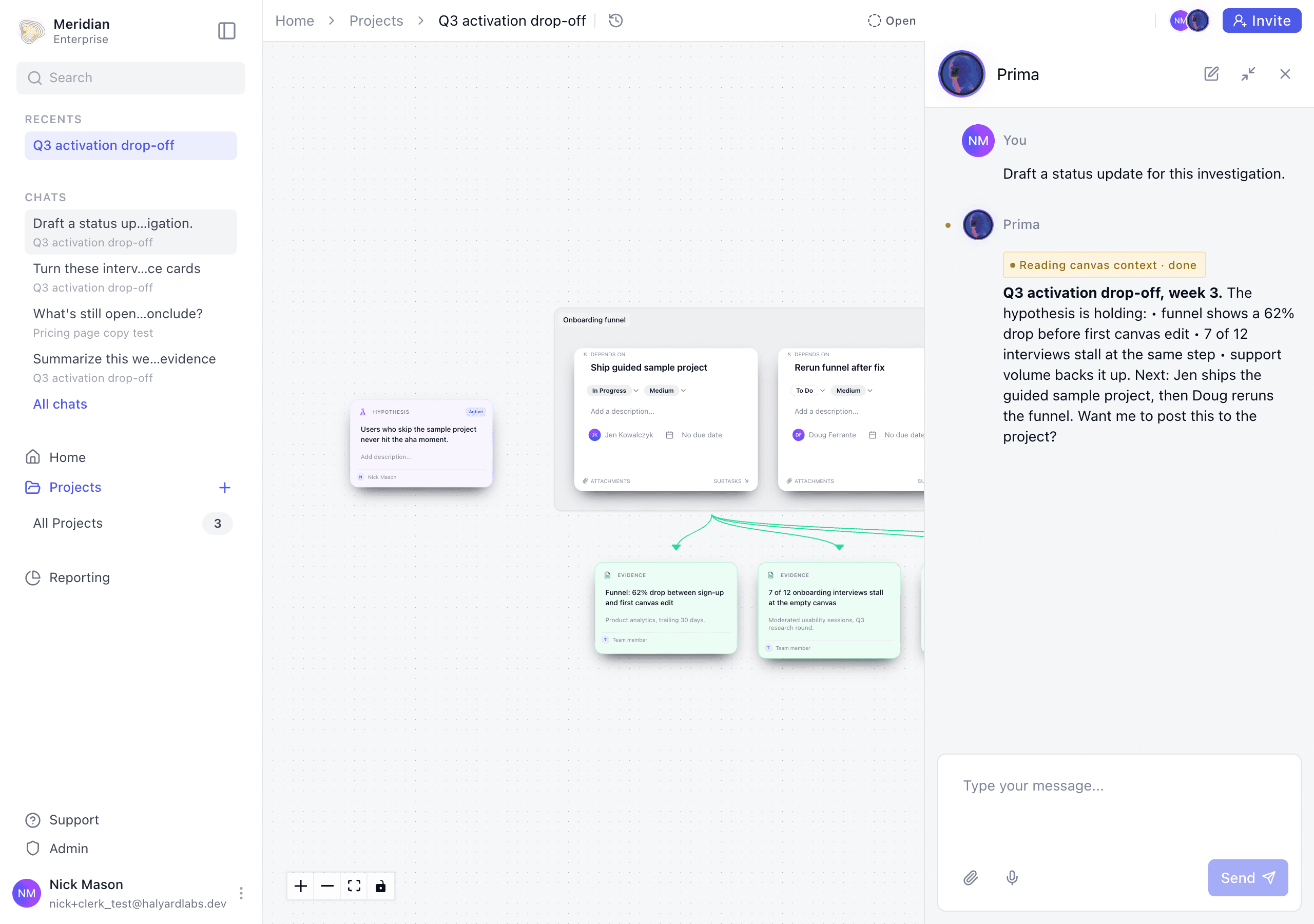 Prima's chat panel docked over the canvas, showing a tool step reading the project's canvas context and a drafted status update citing the evidence on screen.